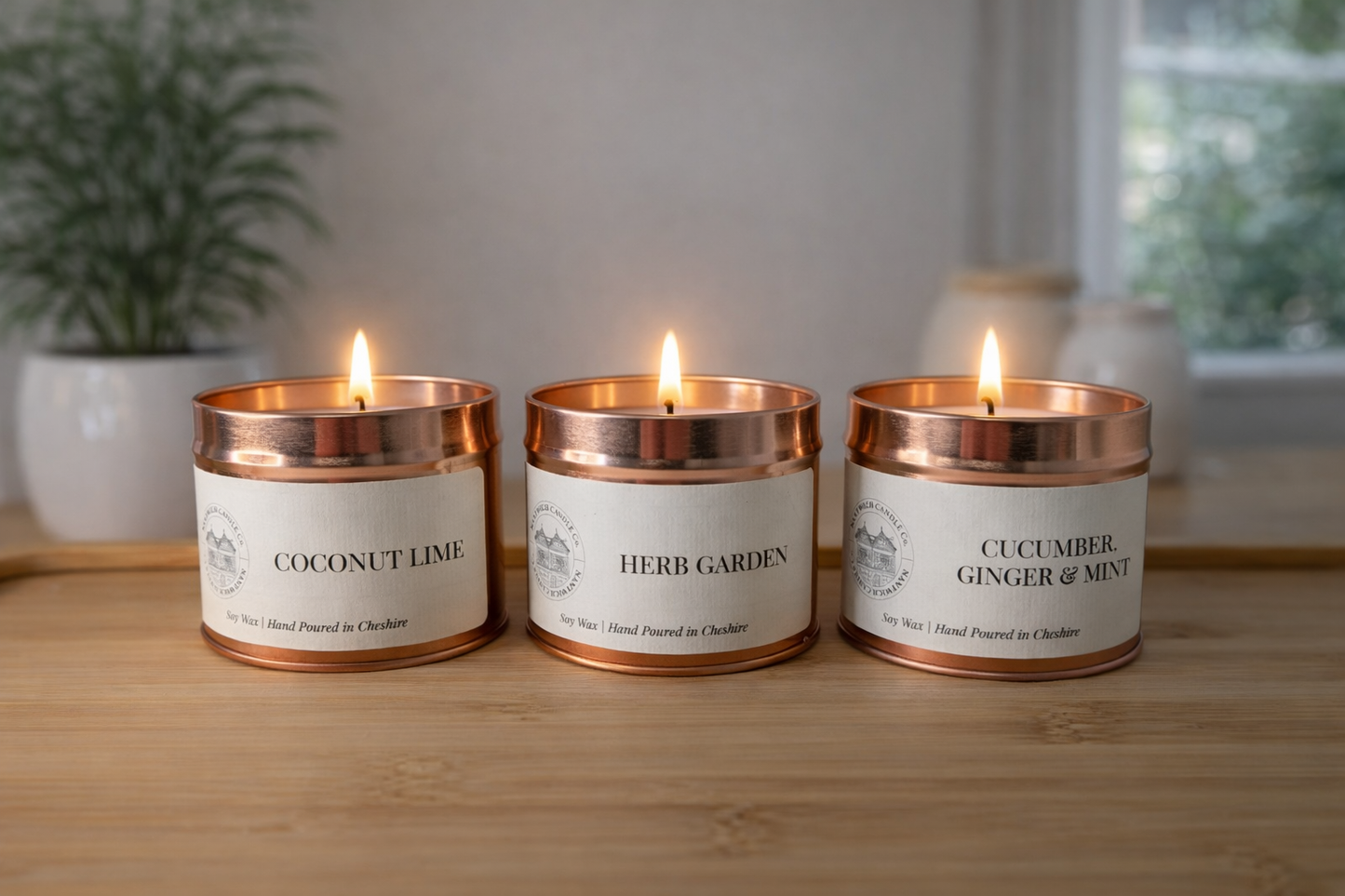 Cucumber Ginger & Mint Scented soy wax candle copper tin candles on a wooden surface.