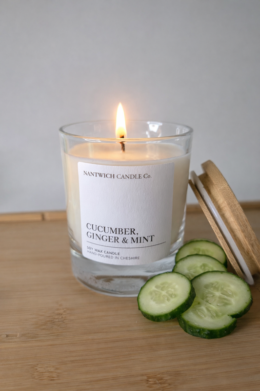 Cucumber Ginger & Mint scented soy wax candle with fresh, cool cucumber and zesty lime