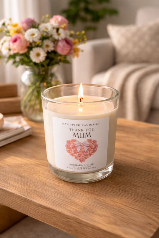 Mothers Day Rhubarb & Rose Scented Soy Wax Candle in a glass jar on a wooden table with flowers in the background.