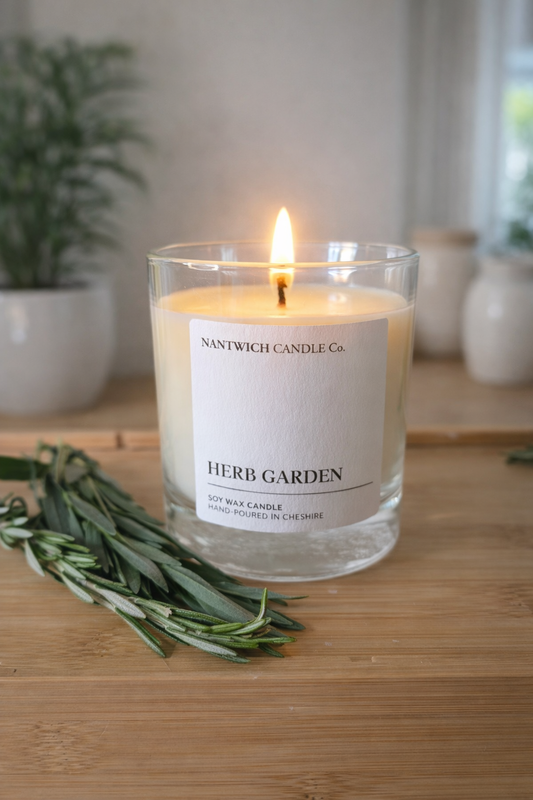 Herb Garden Scented Soy Wax Candle with fresh herbs and a glowing flame, perfect for creating a warm ambiance.